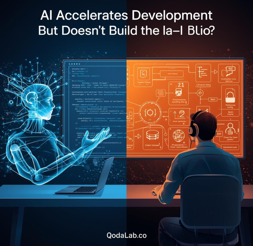 Ilustración conceptual donde un desarrollador observa una pantalla con código generado por IA mientras detrás hay un diagrama complejo de arquitectura de software con microservicios, bases de datos y flujos de datos.